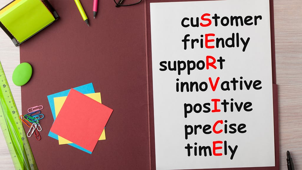 Picture of text spelling our customer service and adding positive traits important for providing great experiences.