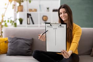 A picture of a young woman displaying a clipboard with a list for pros and cons.